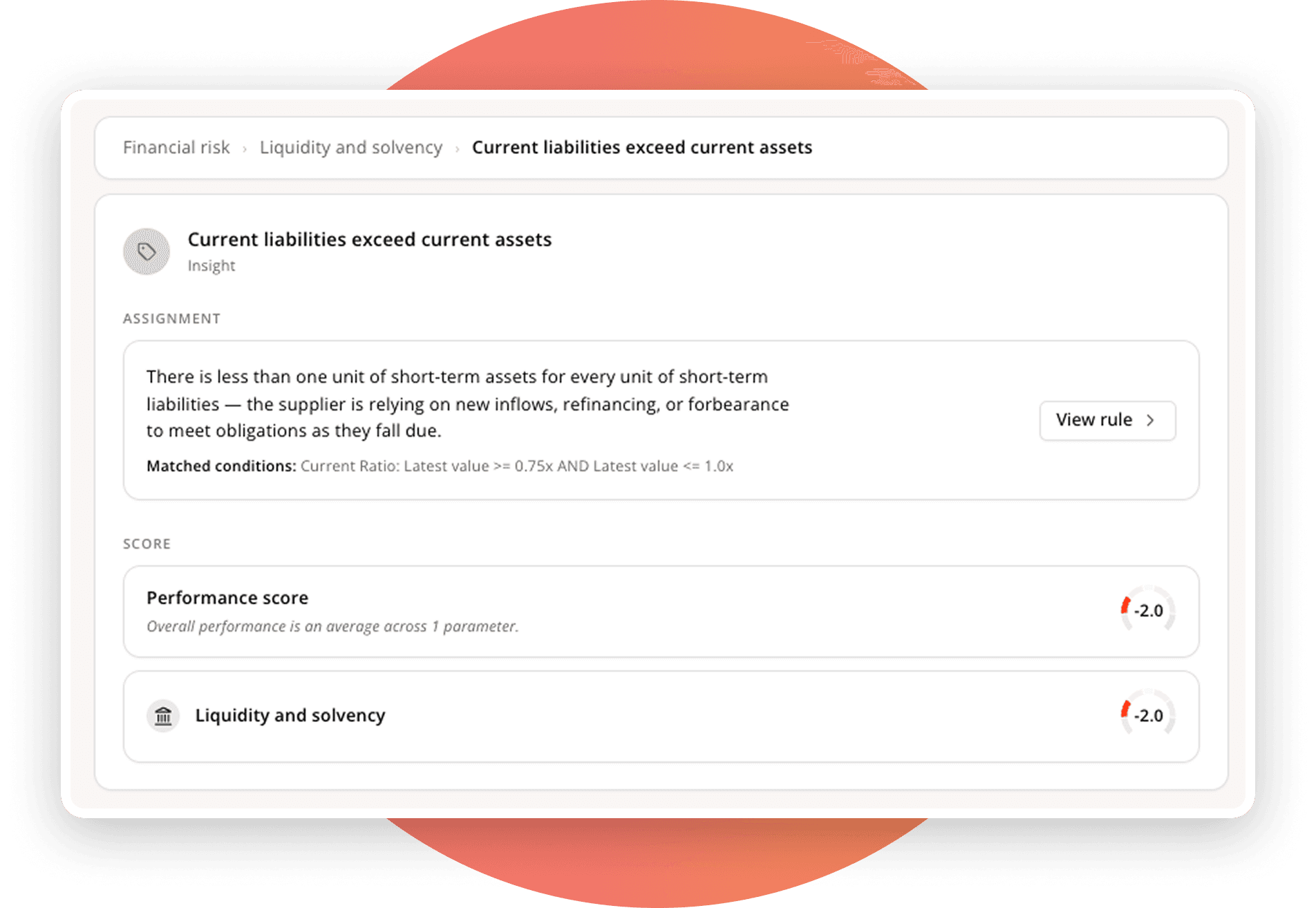 Financial insight showing current liabilities exceeding current assets, with assignment details and performance score