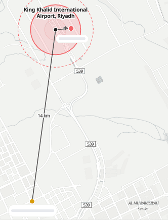 Map of the affected area around King Khalid International Airport, with the matched supplier sites